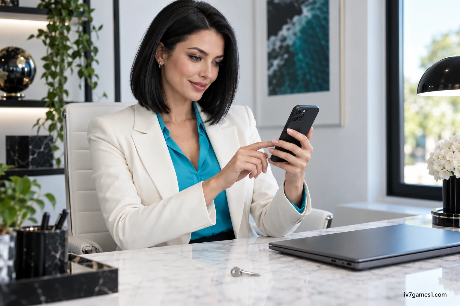 Adult model using a phone in an account-access illustration